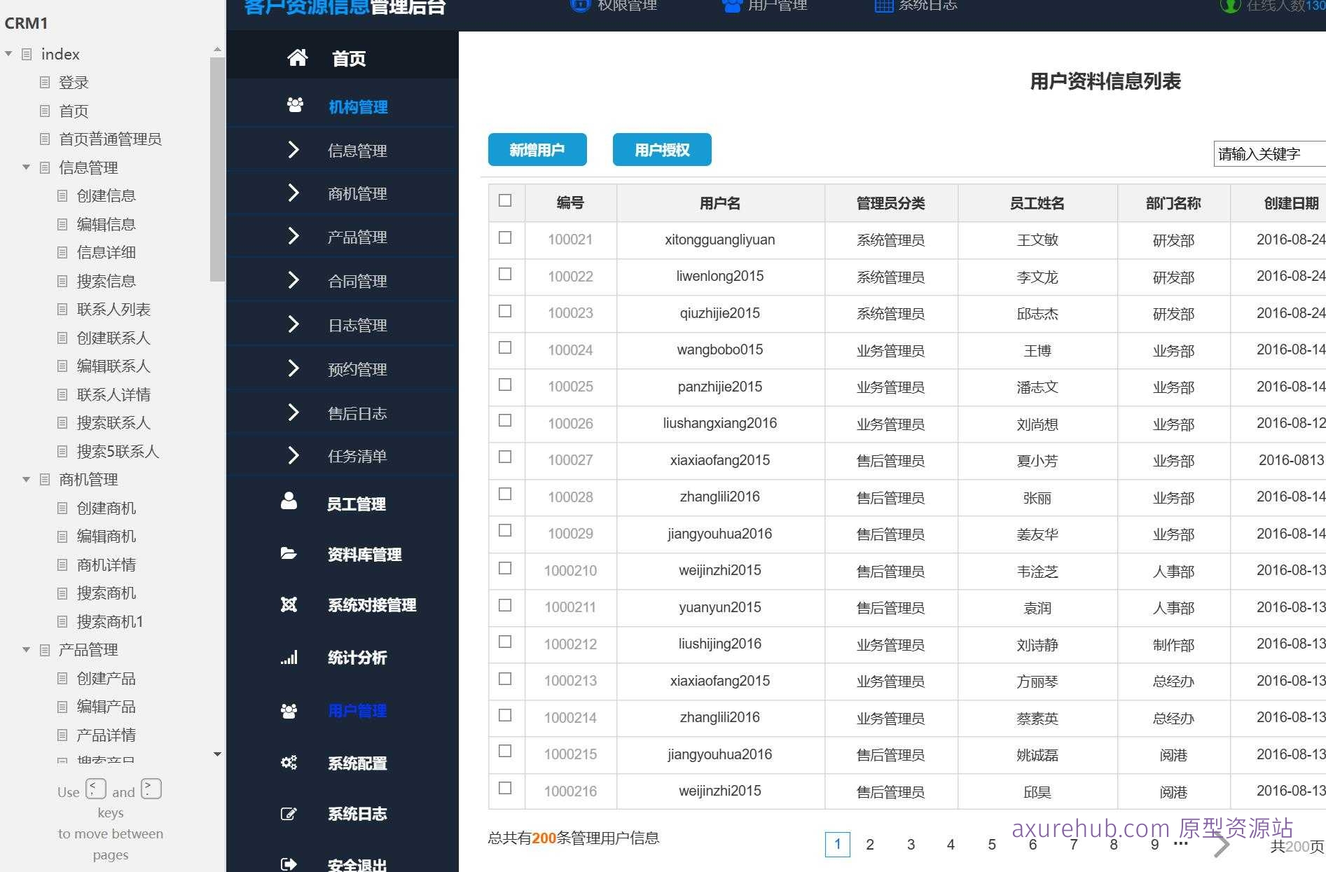 CRM系统信息管理与客户关系维护Axure原型模板
