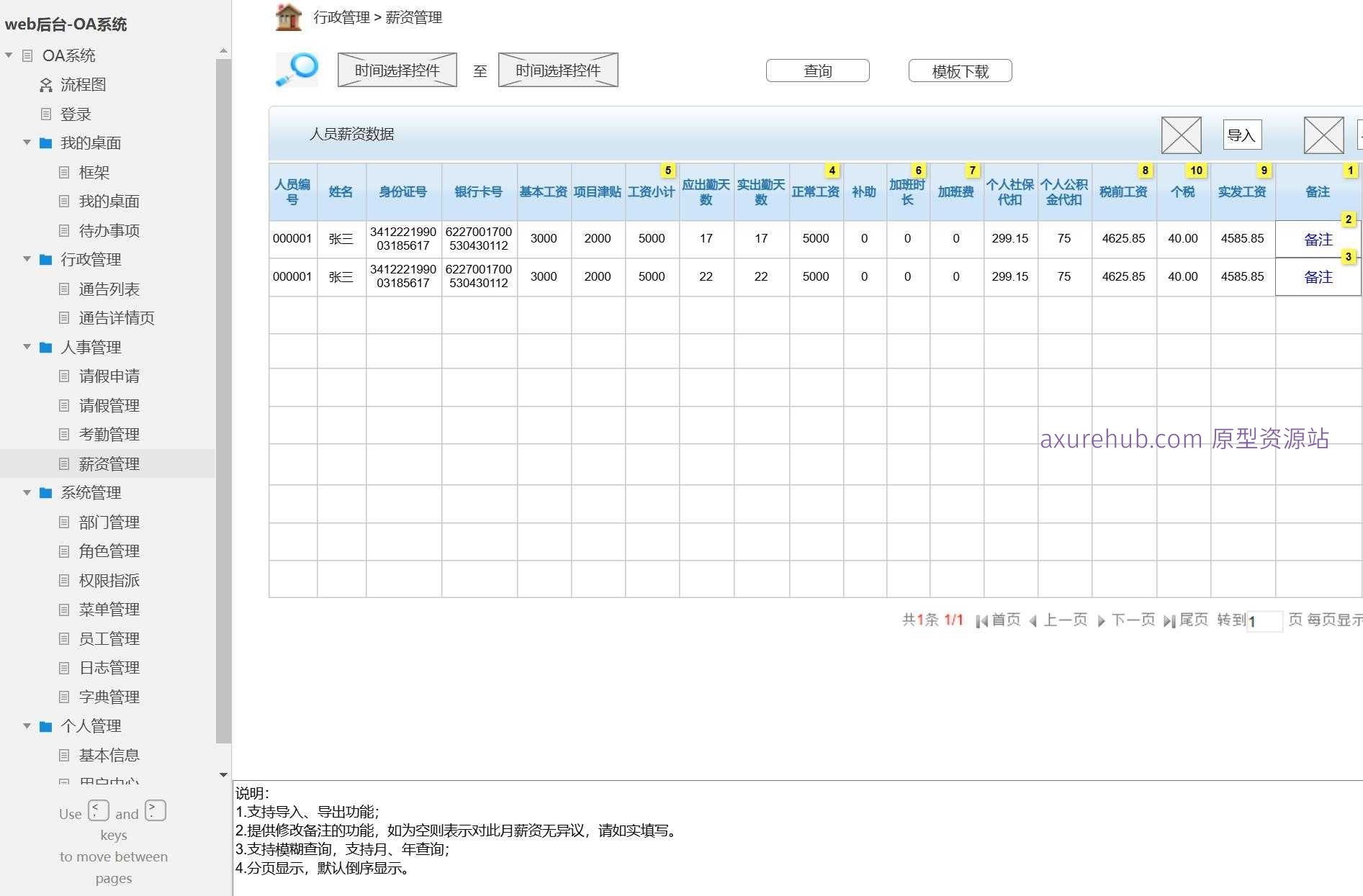 企业办公自动化OA系统后台管理产品原型模板案例Axure RP源文件下载