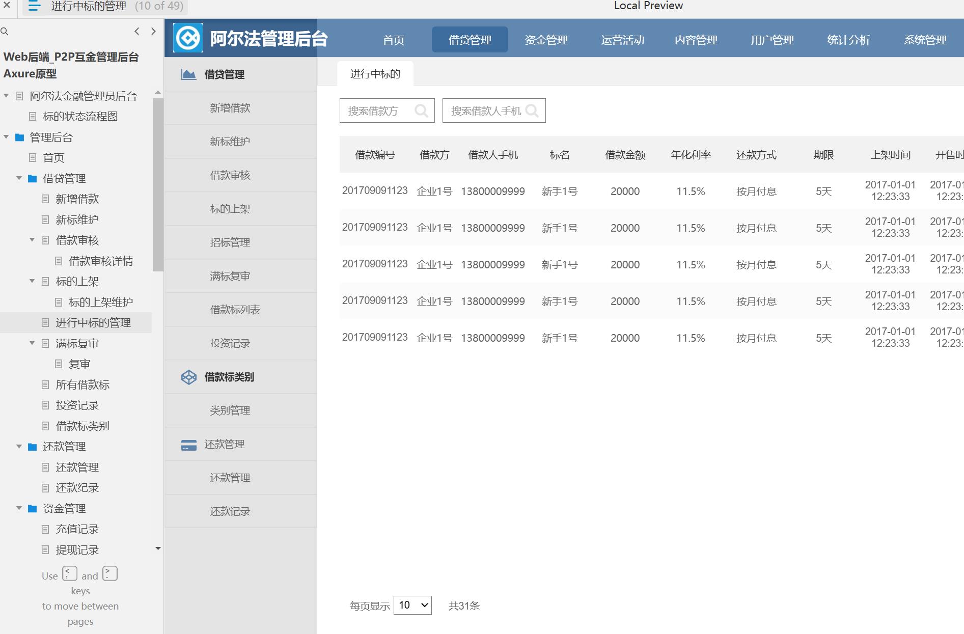 P2P金融管理后台系统Axure原型模板