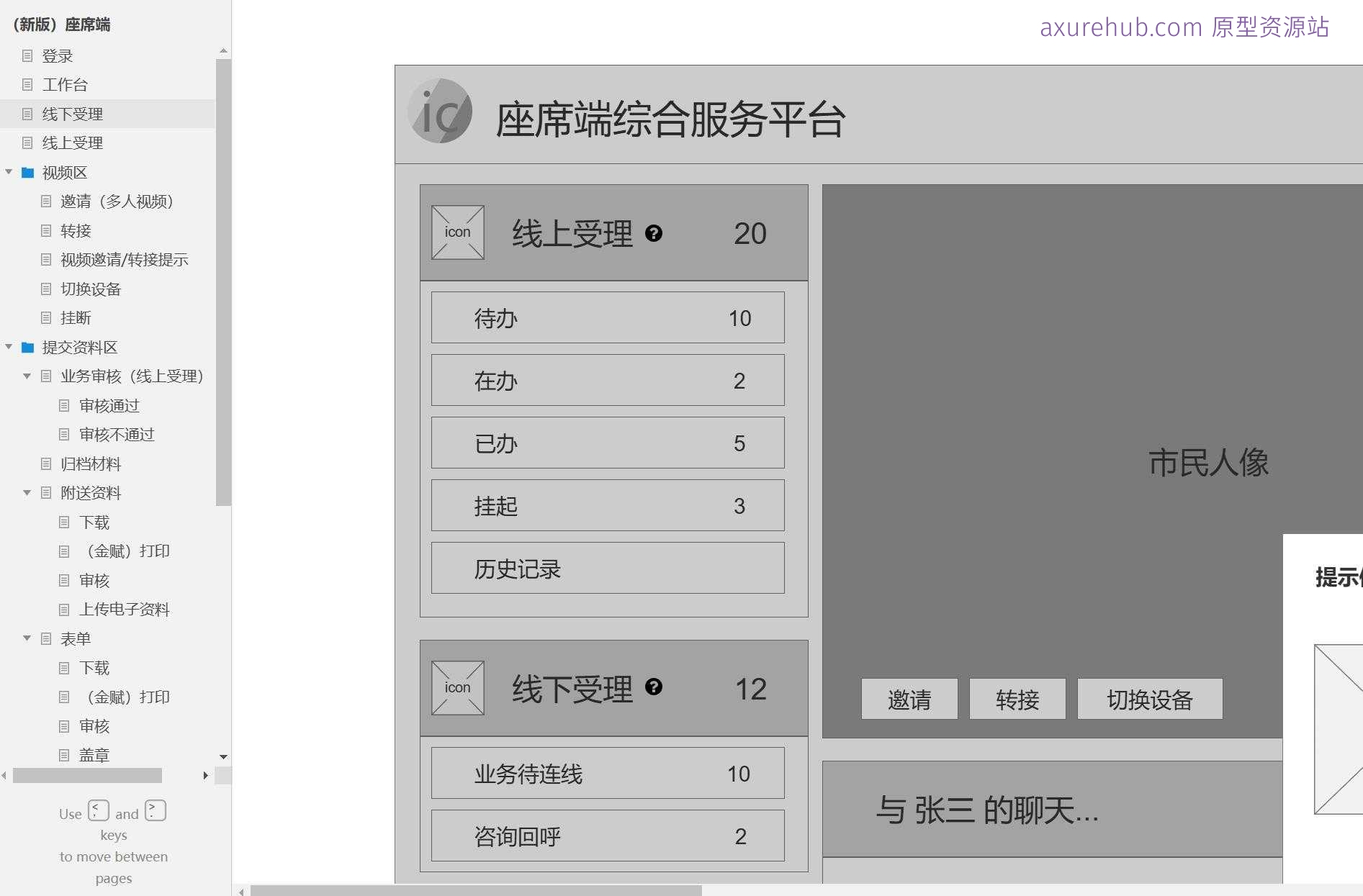智慧政务座席端线上线下受理系统Axure原型模板