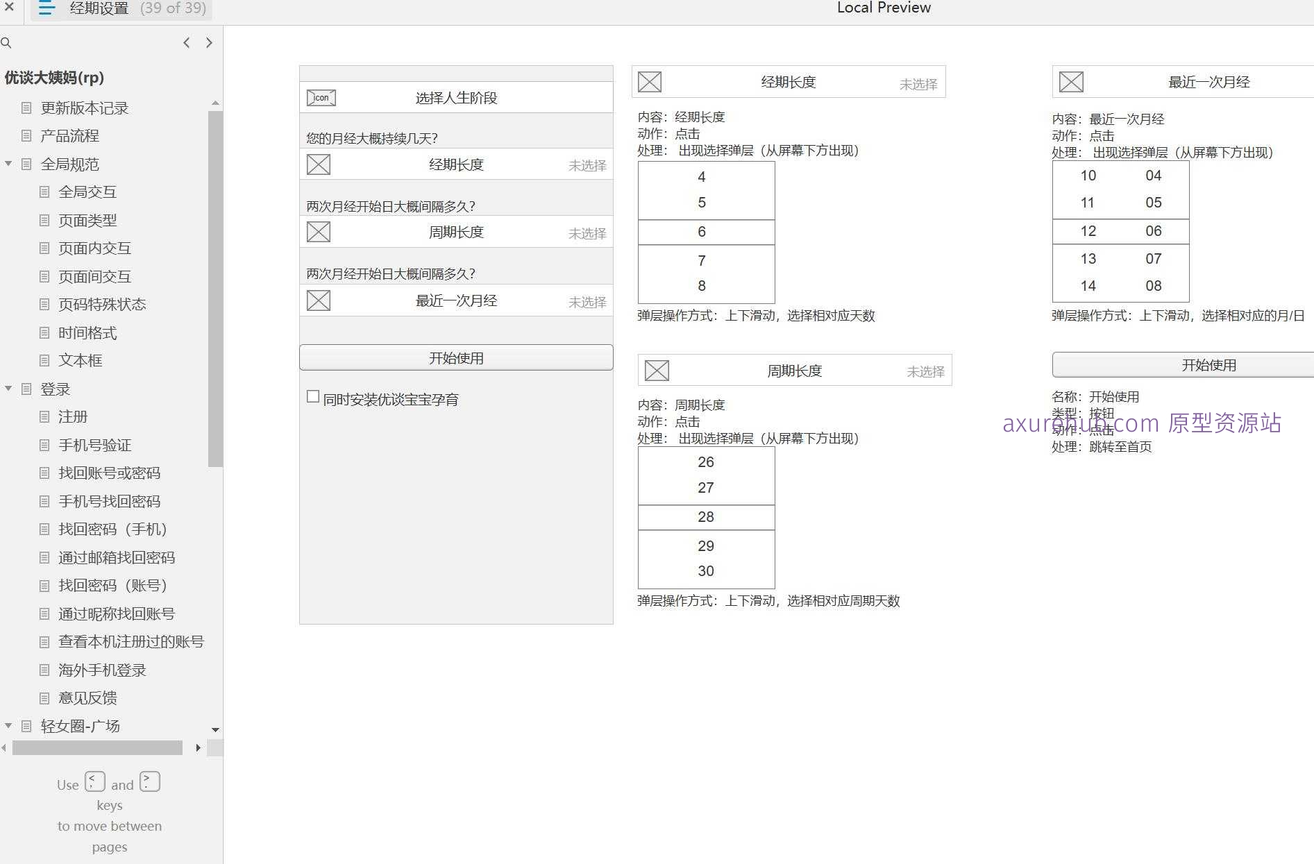 女性健康管理App产品流程Axure原型模板