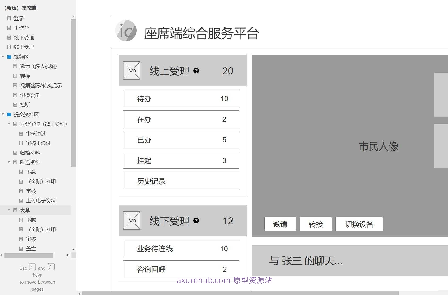 智慧政务座席端线上线下受理系统Axure原型模板
