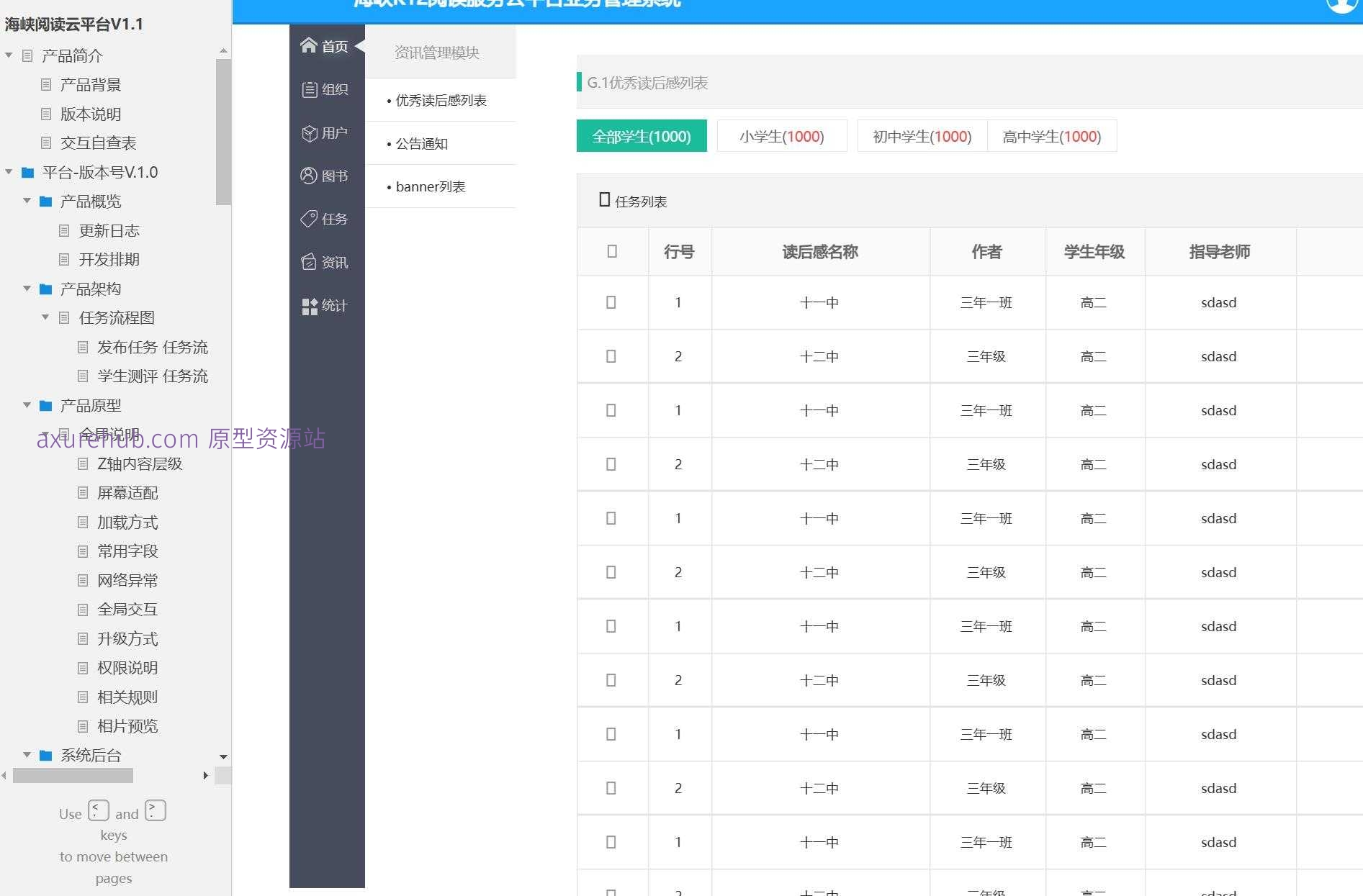 海峡阅读云平台V1.1教育管理系统Axure原型模板下载