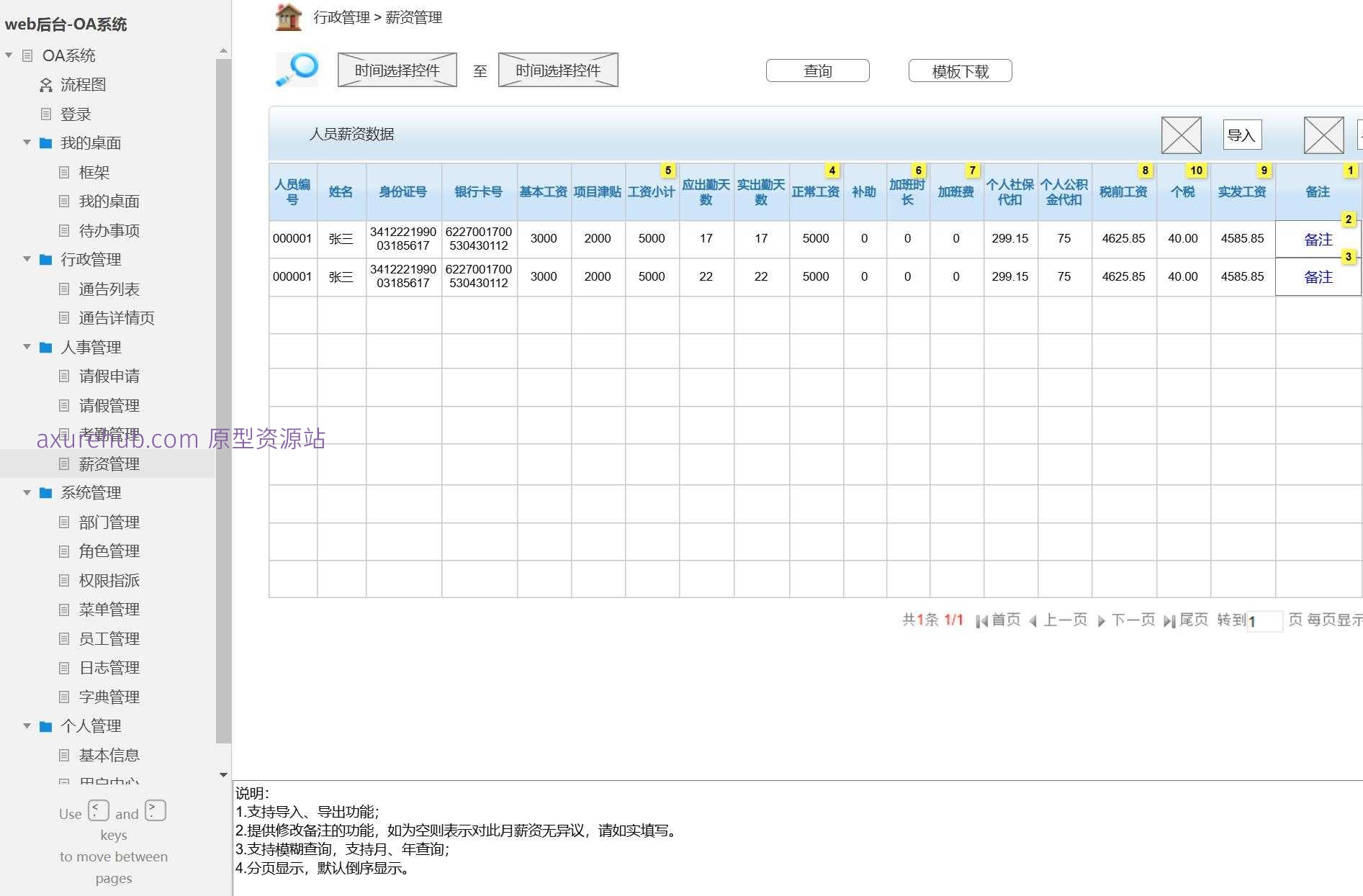企业办公自动化OA系统后台管理产品原型模板案例Axure RP源文件下载