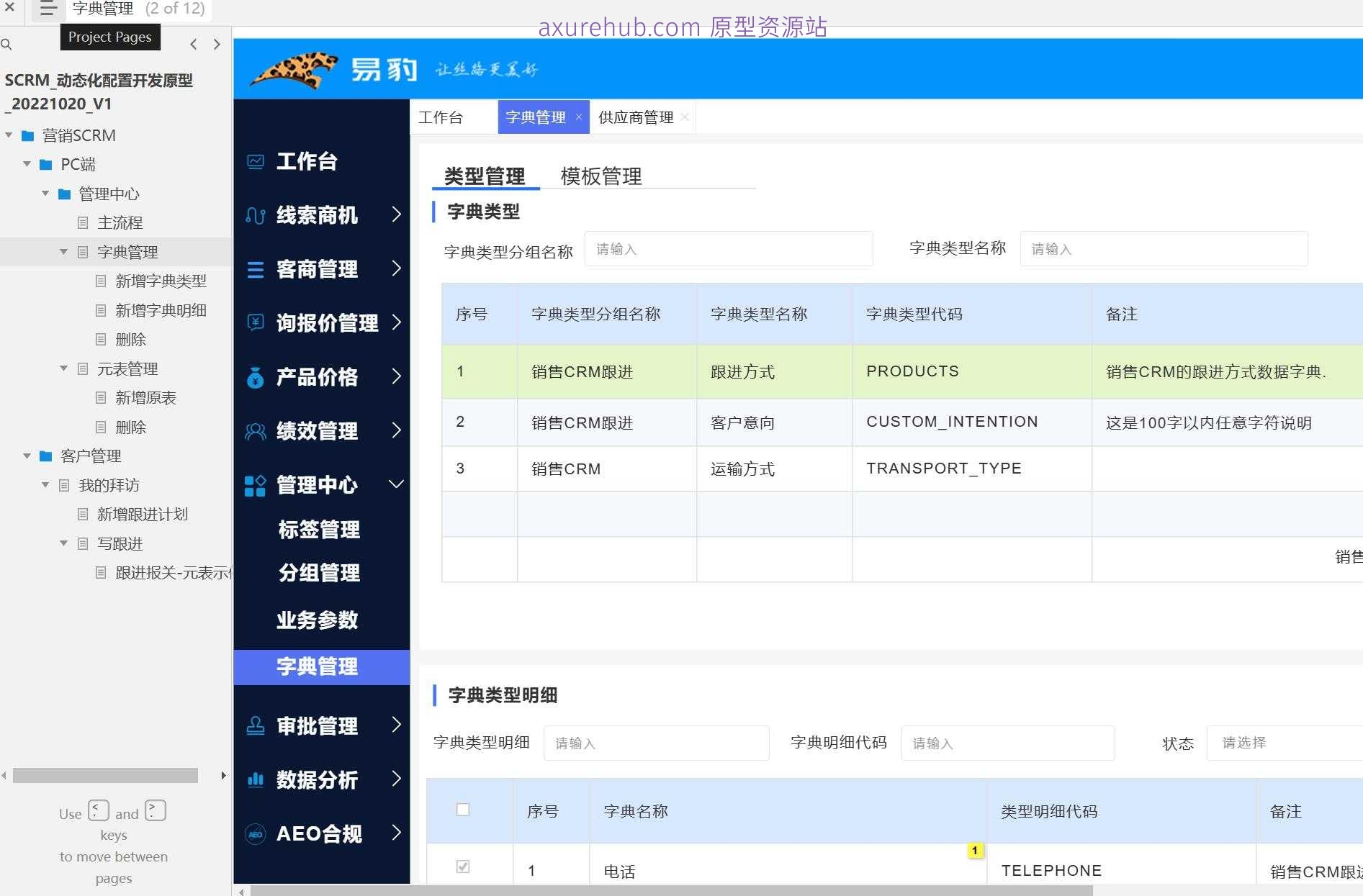 营销SCRM系统PC端管理中心产品原型模板案例Axure RP源文件下载