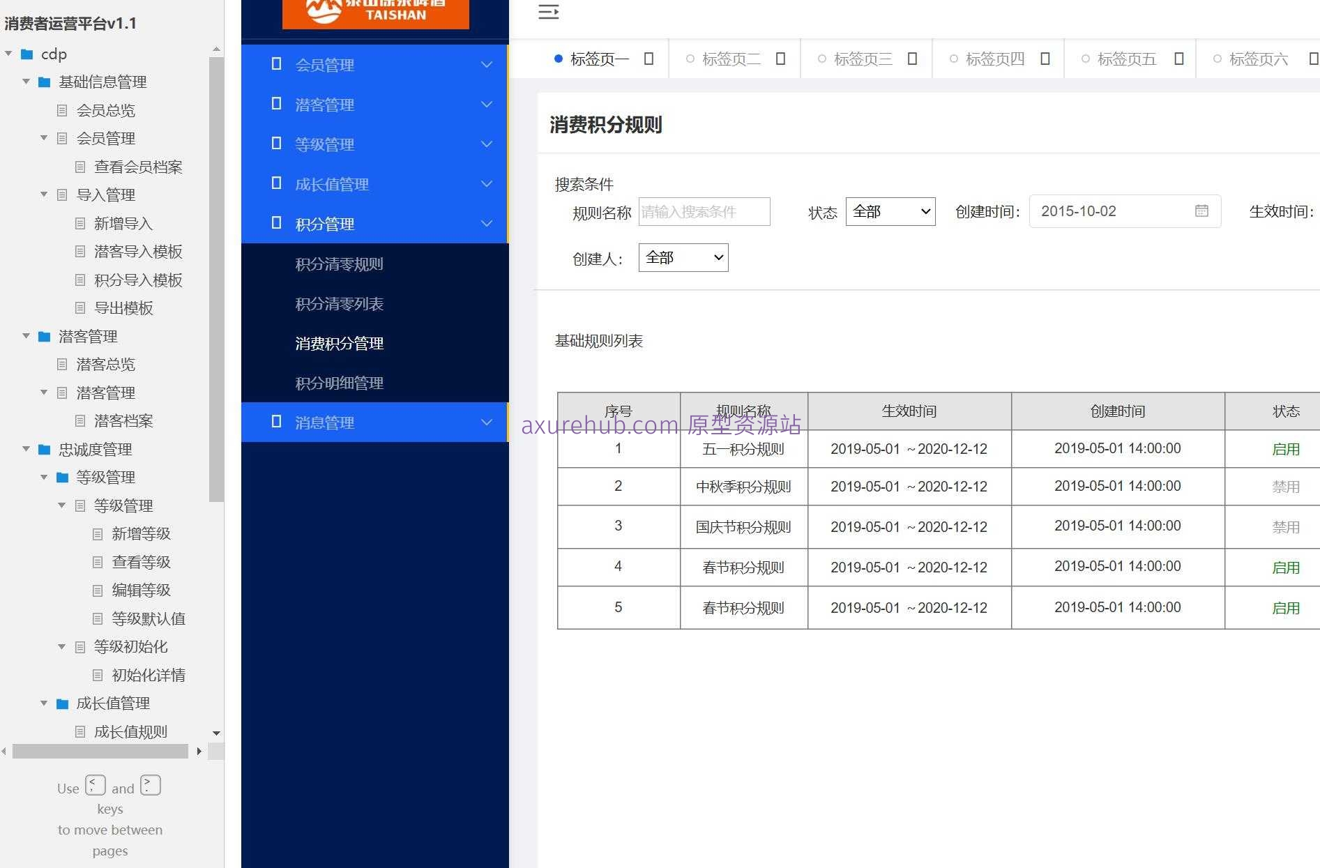 消费者运营平台会员积分管理Axure原型模板