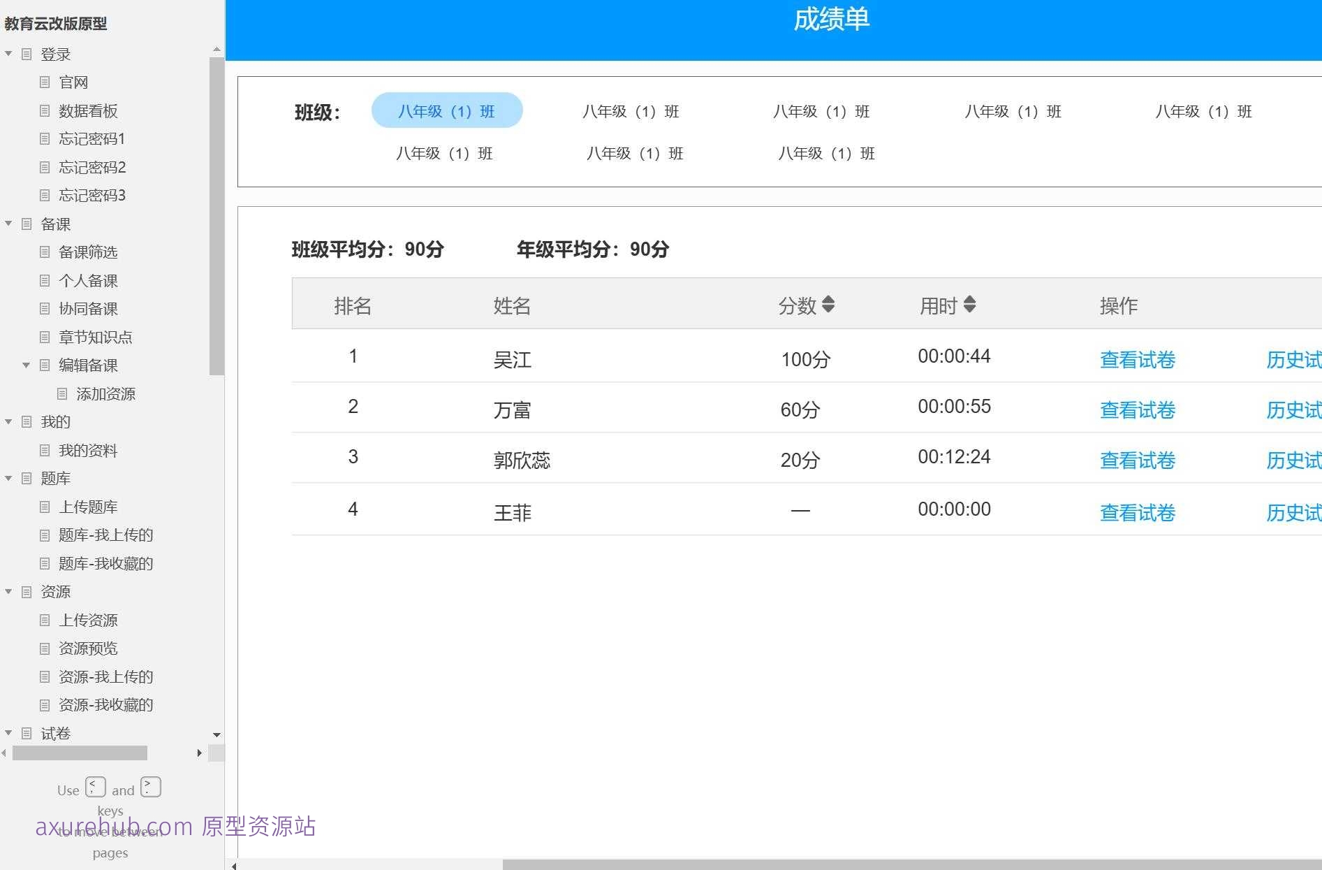教育云平台教师备课与考试管理Axure原型模板