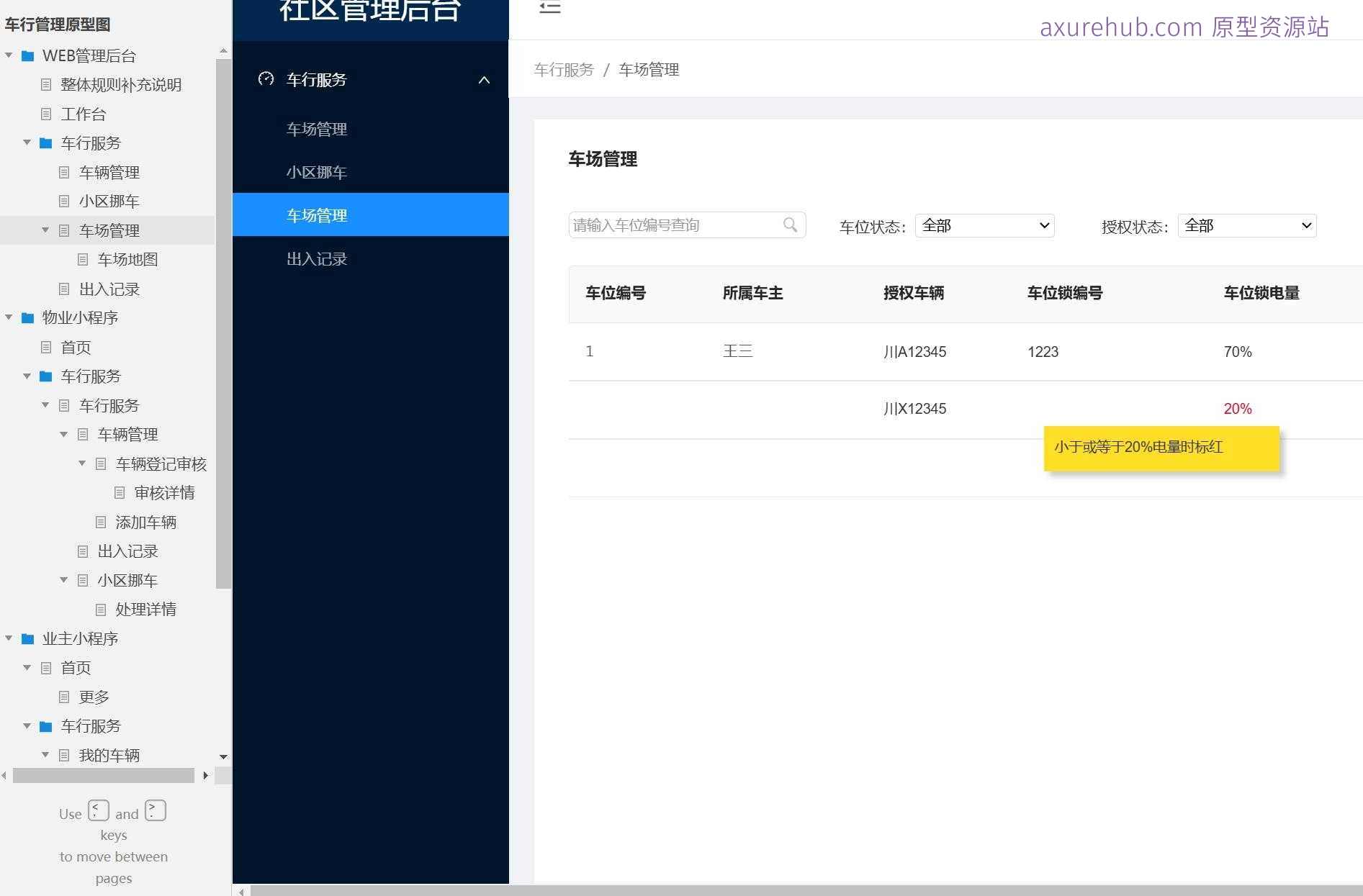智慧社区车行管理WEB后台系统Axure原型模板