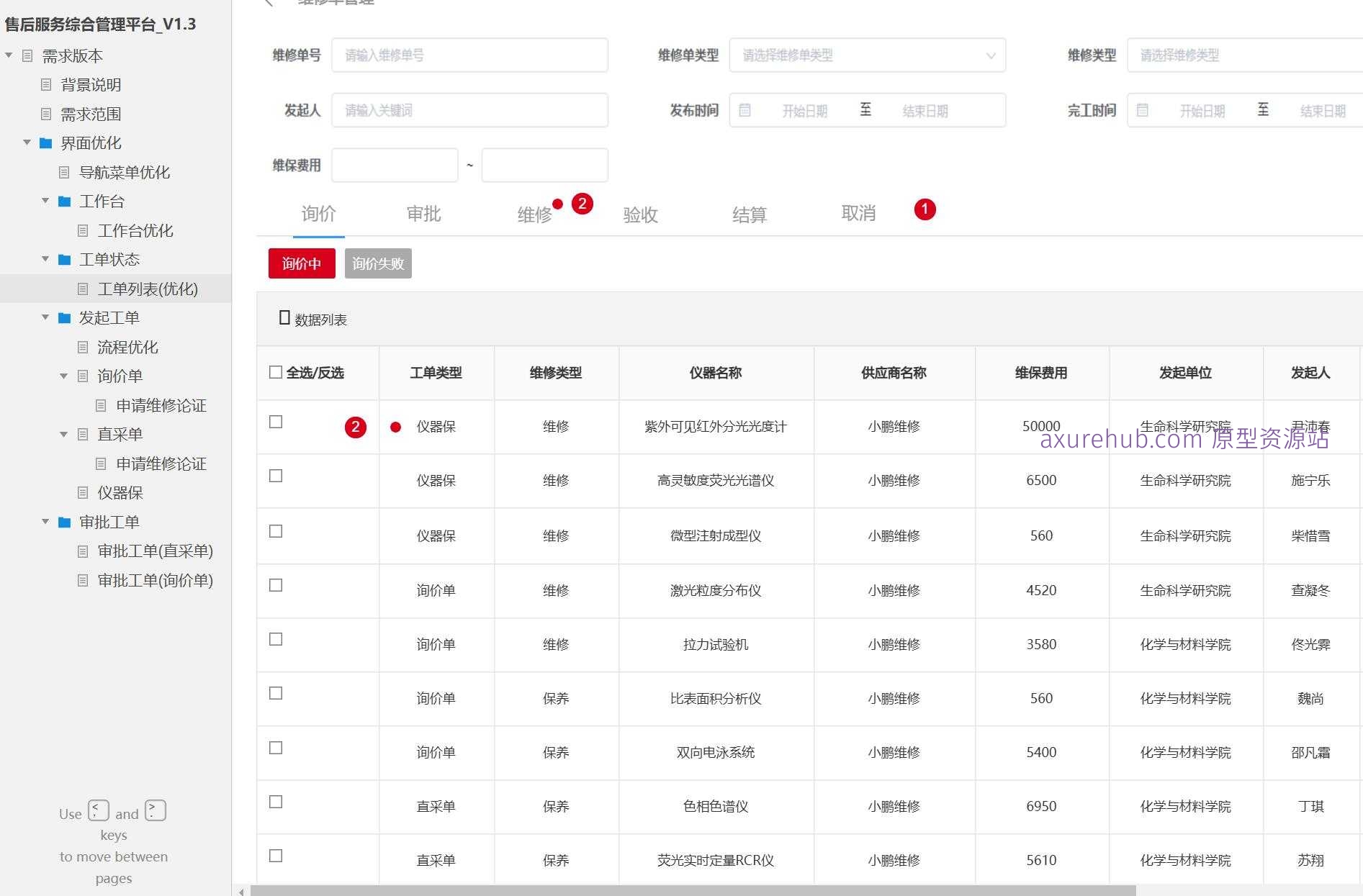售后服务综合管理平台V1.3产品原型模板案例Axure RP源文件下载