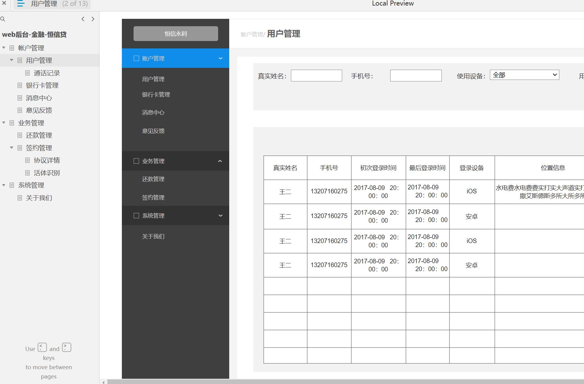 金融行业信贷后台管理系统Axure原型模板