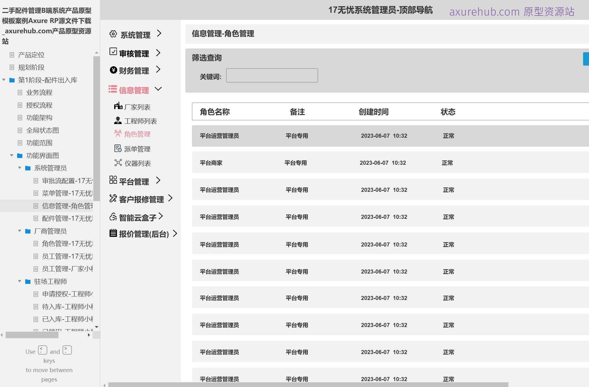 二手配件管理B端系统产品原型模板案例Axure RP源文件下载